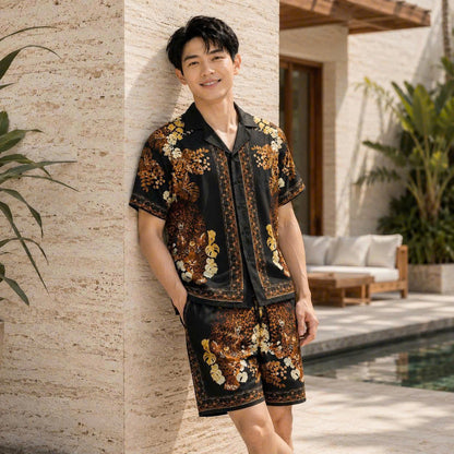 Set Áo Sơ Mi Và Quần Short Lụa Họa Tiết SMRBO-04 BEAVERTEE Form Oversize Unisex Nam Nữ, Thiết Kế Đen Nâu Họa Tiết Báo Hoa Lá Nổi Bật, Lụa Mềm Mịn Nhẹ Thoáng Mát