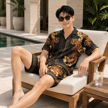 Set Áo Sơ Mi Và Quần Short Lụa Họa Tiết SMRBO-04 BEAVERTEE Form Oversize Unisex Nam Nữ, Thiết Kế Đen Nâu Họa Tiết Báo Hoa Lá Nổi Bật, Lụa Mềm Mịn Nhẹ Thoáng Mát