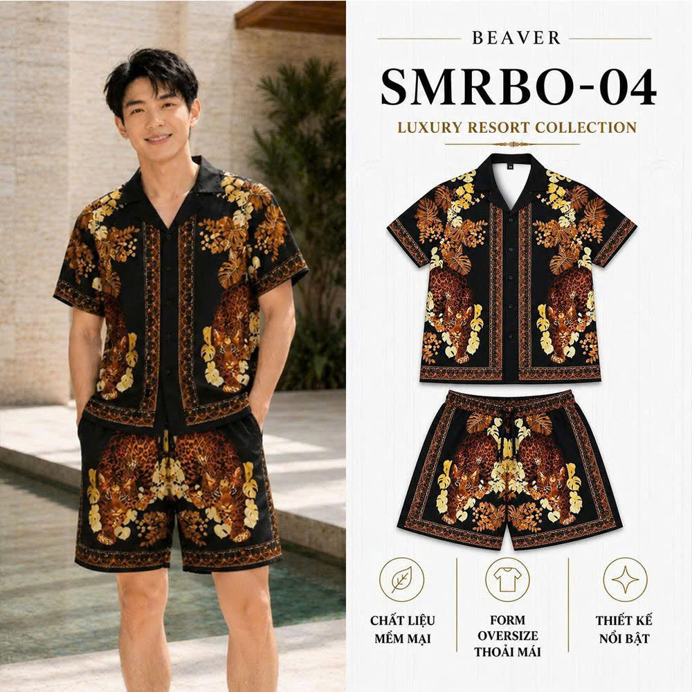 Set Áo Sơ Mi Và Quần Short Lụa Họa Tiết SMRBO-04 BEAVERTEE Form Oversize Unisex Nam Nữ, Thiết Kế Đen Nâu Họa Tiết Báo Hoa Lá Nổi Bật, Lụa Mềm Mịn Nhẹ Thoáng Mát