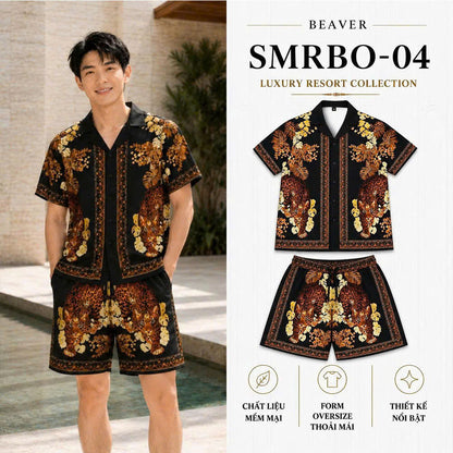 Set Áo Sơ Mi Và Quần Short Lụa Họa Tiết SMRBO-04 BEAVERTEE Form Oversize Unisex Nam Nữ, Thiết Kế Đen Nâu Họa Tiết Báo Hoa Lá Nổi Bật, Lụa Mềm Mịn Nhẹ Thoáng Mát