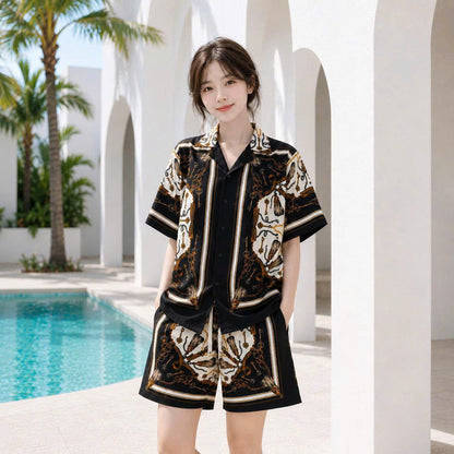 Set Áo Sơ Mi Và Quần Short Lụa Họa Tiết SMRBO-01 BEAVERTEE Form Oversize Unisex Nam Nữ, Phong Cách Thời Trang Thường Ngày, Chất Vải Lụa Mềm Mịn Thoáng Mát Thấm Hút Thoải Mái