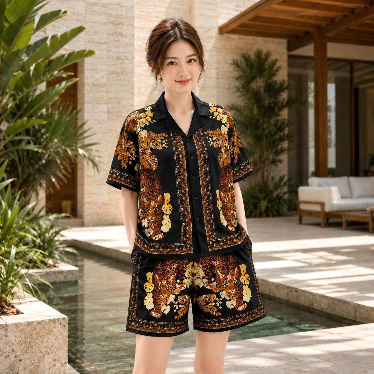 Set Áo Sơ Mi Và Quần Short Lụa Họa Tiết SMRBO-04 BEAVERTEE Form Oversize Unisex Nam Nữ, Thiết Kế Đen Nâu Họa Tiết Báo Hoa Lá Nổi Bật, Lụa Mềm Mịn Nhẹ Thoáng Mát