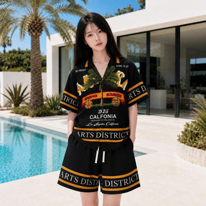 Set Áo Sơ Mi Và Quần Short Lụa Họa Tiết SMRBO-07 BEAVERTEE Form Oversize Unisex Nam Nữ, Thiết Kế Đen Cam Graphic California Summer Arts District Cá Tính, Lụa Mềm Mịn Nhẹ Thoáng Mát