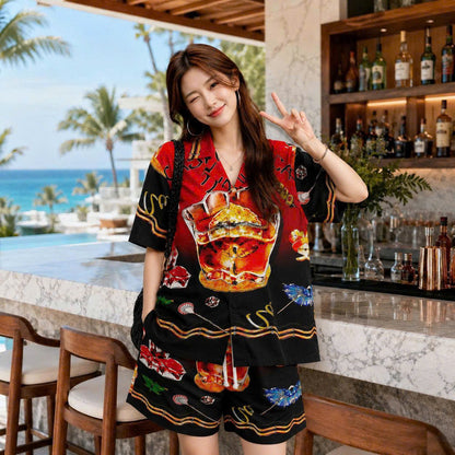 Set Áo Sơ Mi Và Quần Short Lụa Họa Tiết SMRBO-09 BEAVERTEE Form Oversize Unisex Nam Nữ, Thiết Kế Đỏ Đen Graphic Cocktail Tropical Cá Tính Nổi Bật, Lụa Mềm Mịn Nhẹ Thoáng Mát