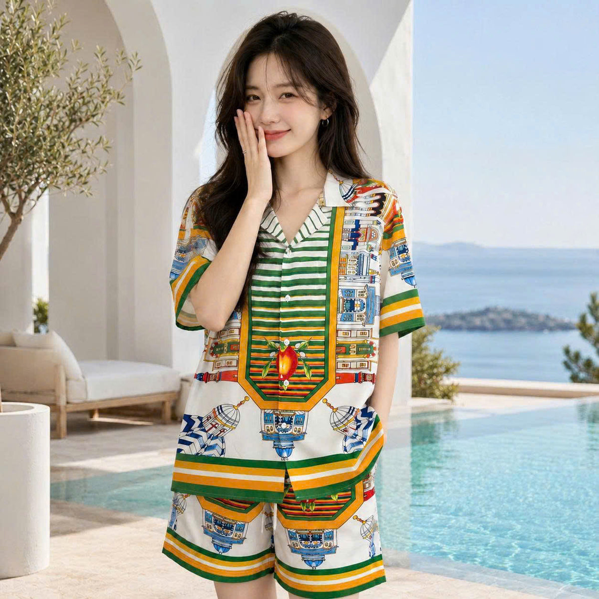 Set Áo Sơ Mi Và Quần Short Lụa Họa Tiết SMRBO-12 BEAVERTEE Form Oversize Unisex Nam Nữ, Thiết Kế Trắng Xanh Vàng Họa Tiết Ai Cập Cổ Đại Pharaon Bọ Hung Nổi Bật, Lụa Mềm Mịn Nhẹ Thoáng Mát
