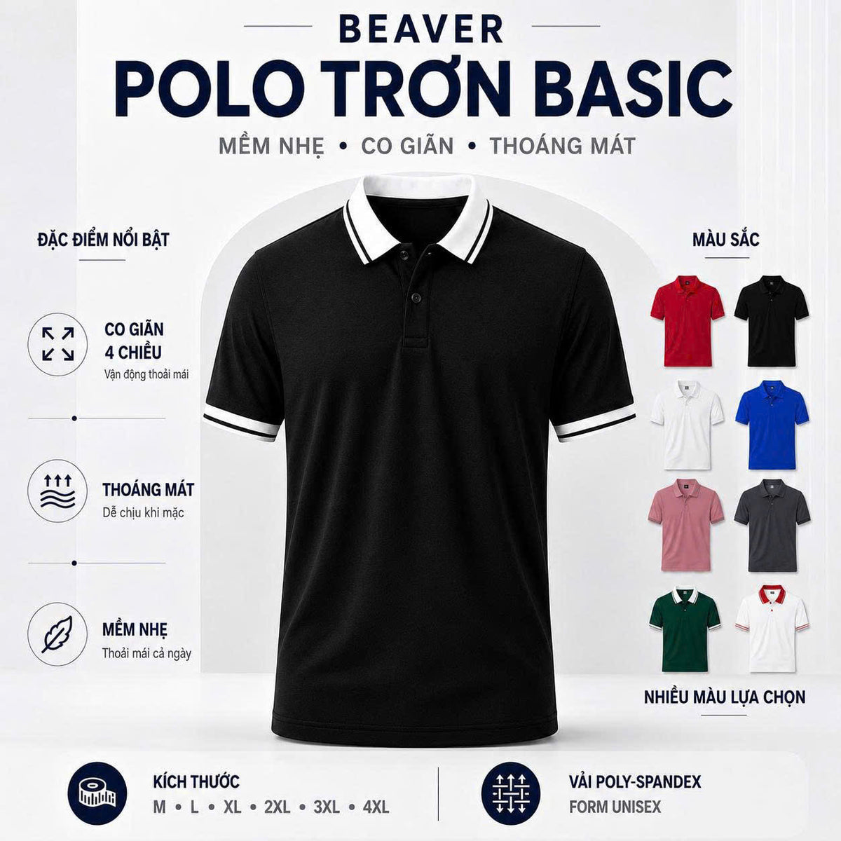 Áo Polo Trơn Basic BEAVERTEE – Polo Nam Nữ Unisex Nhiều Màu, Vải Poly-Spandex Mềm Nhẹ Co Giãn 4 Chiều Thoáng Mát, Size M–4XL