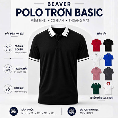 Áo Polo Trơn Basic BEAVERTEE – Polo Nam Nữ Unisex Nhiều Màu, Vải Poly-Spandex Mềm Nhẹ Co Giãn 4 Chiều Thoáng Mát, Size M–4XL