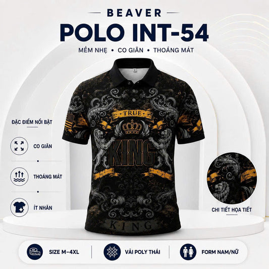 Áo Polo KING INT-54 Họa Tiết Vương Miện Sư Tử – Áo Polo Nam/Nữ Cổ Bẻ Phong Cách Royal Vintage Cá Tính, Vải Poly Thái Co Giãn Thoáng Mát