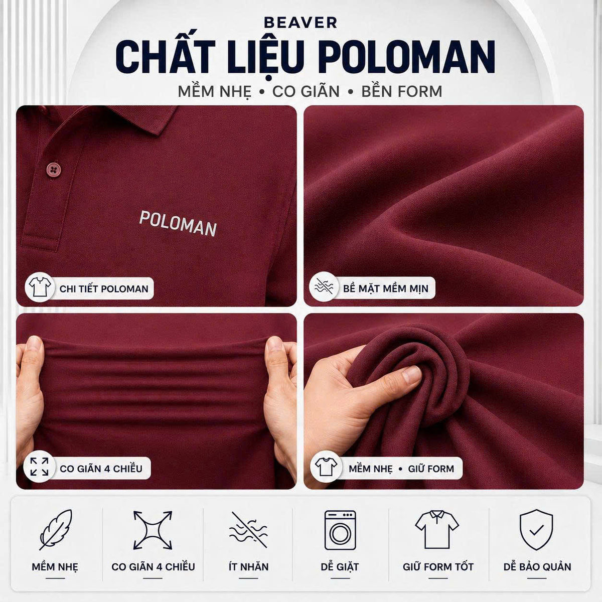 Áo Polo POLOMAN BEAVERTEE Nam Nữ, Dáng Vừa Vặn Dễ Mặc, Vải Poly Spandex Co Giãn 4 Chiều Mềm Nhẹ Thoáng Mát, Thiết Kế Nhiều Màu, Size M–4XL