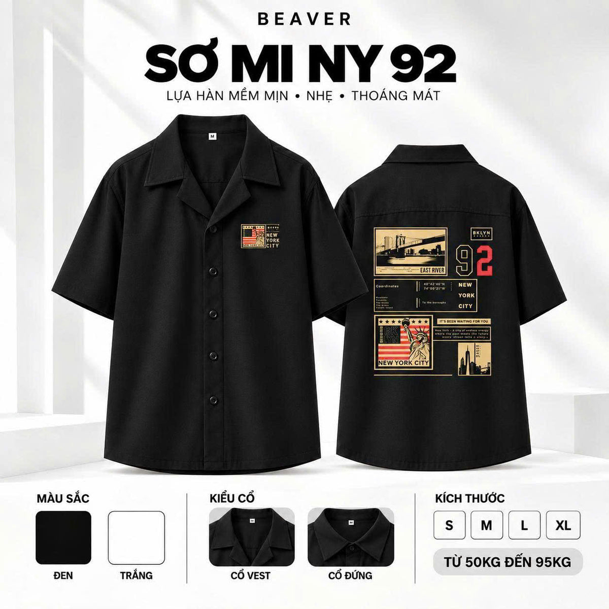 Áo Sơ Mi NY 92 BEAVERTEE Nam Nữ Unisex – Sơ Mi Tay Ngắn New York Graphic, Vải Lụa Hàn Mềm Mát, Thấm Hút Mồ Hôi, Cổ Vest/Cổ Đứng