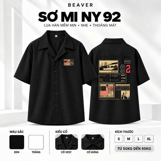 Áo Sơ Mi NY 92 BEAVERTEE Nam Nữ Unisex – Sơ Mi Tay Ngắn New York Graphic, Vải Lụa Hàn Mềm Mát, Thấm Hút Mồ Hôi, Cổ Vest/Cổ Đứng