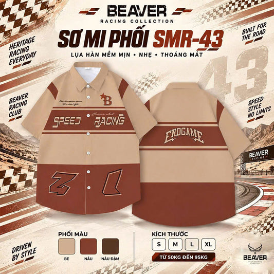 Áo Sơ Mi Phối SMR-43 BEAVERTEE Form Rộng Unisex Nam Nữ, Thiết Kế Phối Be Nâu Graphic Speed Racing Cá Tính, Lụa Hàn Mềm Mịn Thoáng Mát