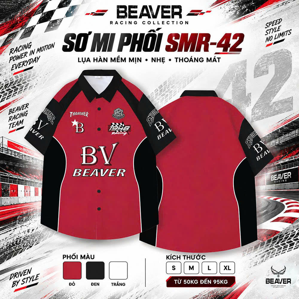 Áo Sơ Mi Phối SMR-42 BEAVERTEE Form Rộng Unisex Nam Nữ, Thiết Kế Phối Đỏ Đen Graphic BV Cá Tính, Lụa Hàn Mềm Mịn Thoáng Mát