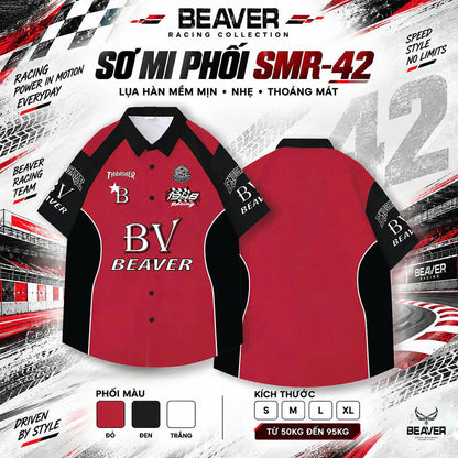 Áo Sơ Mi Phối SMR-42 BEAVERTEE Form Rộng Unisex Nam Nữ, Thiết Kế Phối Đỏ Đen Graphic BV Cá Tính, Lụa Hàn Mềm Mịn Thoáng Mát