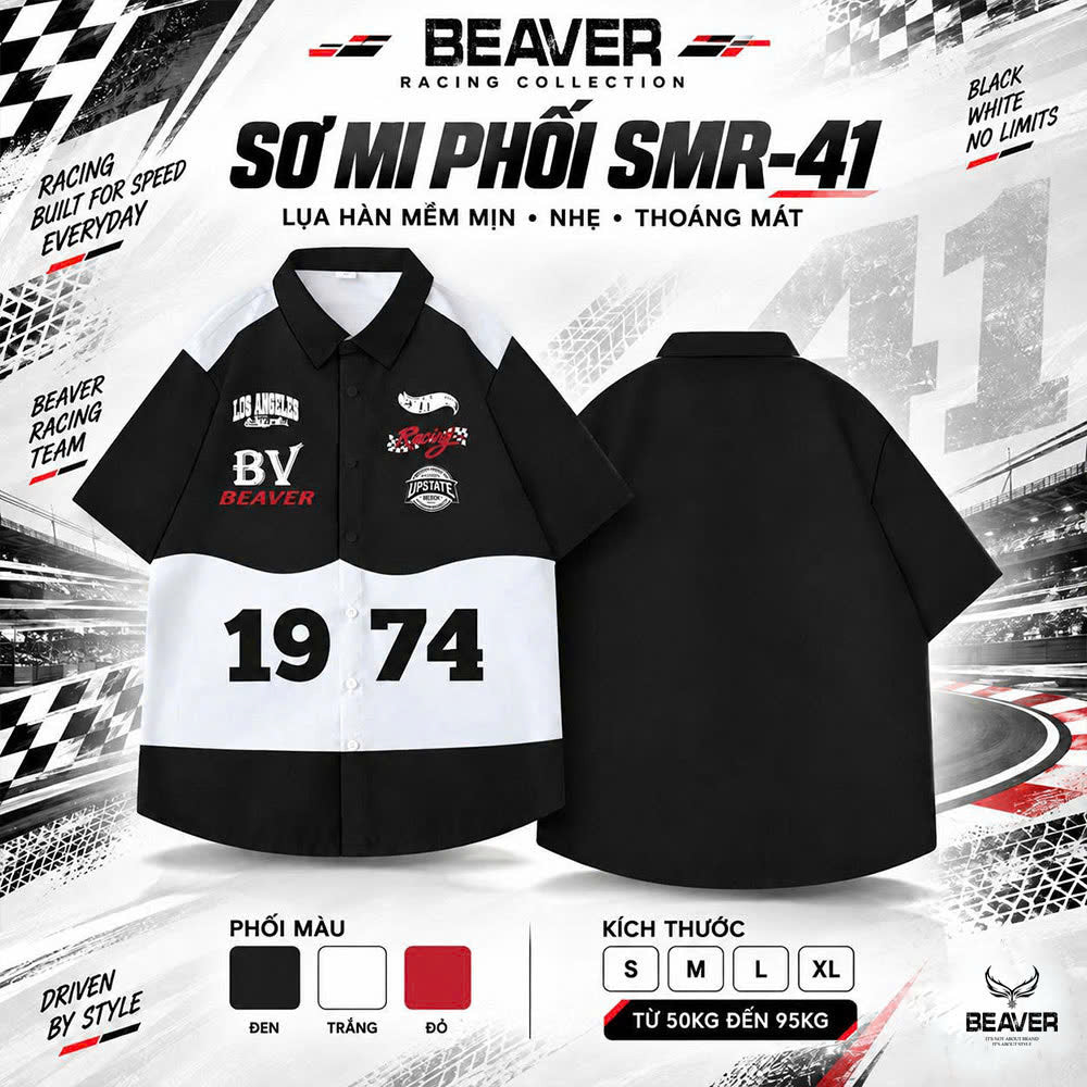 Áo Sơ Mi Phối SMR-41 BEAVERTEE Form Rộng Unisex Nam Nữ, Thiết Kế Phối Đen Trắng Đỏ 1974 Cá Tính, Lụa Hàn Mềm Mịn Thoáng Mát