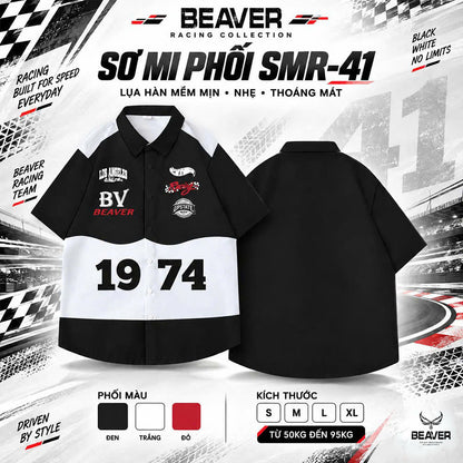 Áo Sơ Mi Phối SMR-41 BEAVERTEE Form Rộng Unisex Nam Nữ, Thiết Kế Phối Đen Trắng Đỏ 1974 Cá Tính, Lụa Hàn Mềm Mịn Thoáng Mát