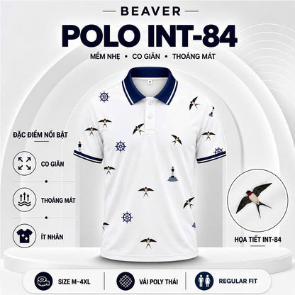 Áo Polo Thủy Thủ INT-84 Họa Tiết Chim Én & Hải Đăng – Áo Polo Nam/Nữ Cổ Bẻ Phong Cách Biển Hàng Hải Trẻ Trung, Vải Poly Thái Co Giãn Thoáng Mát