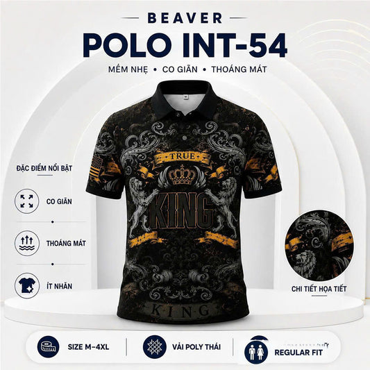 Áo Polo KING INT-54 Họa Tiết Vương Miện Sư Tử – Áo Polo Nam/Nữ Cổ Bẻ Phong Cách Royal Vintage Cá Tính, Vải Poly Thái Co Giãn Thoáng Mát