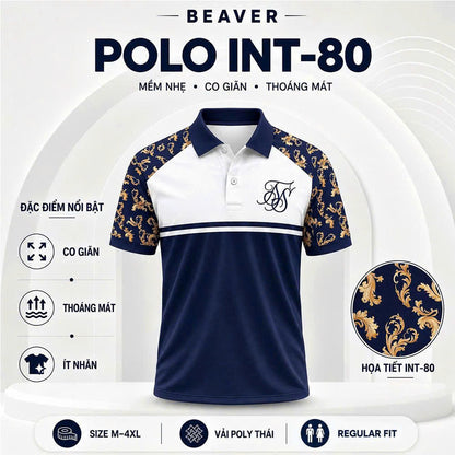 Áo Polo INT-80 Họa Tiết Hoa Văn Hoàng Gia – Áo Polo Nam/Nữ Cổ Bẻ Phối Xanh Navy Trắng Sang Trọng, Vải Poly Thái Co Giãn Thoáng Mát