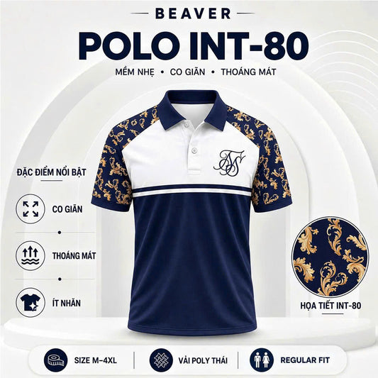 Áo Polo INT-80 Họa Tiết Hoa Văn Hoàng Gia – Áo Polo Nam/Nữ Cổ Bẻ Phối Xanh Navy Trắng Sang Trọng, Vải Poly Thái Co Giãn Thoáng Mát