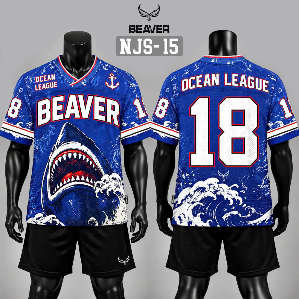 Áo Thun New Jersey BEAVERTEE NJS-15 Nam Nữ, Áo Thun Thể Thao Unisex, Họa Tiết Cá Mập Sóng Biển Số 18 Xanh Trắng, Phong Cách Ocean Streetwear Cá Tính, Jersey Thun Lưới Thoáng Khí, Form Oversize