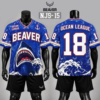 Áo Thun New Jersey BEAVERTEE NJS-15 Nam Nữ, Áo Thun Thể Thao Unisex, Họa Tiết Cá Mập Sóng Biển Số 18 Xanh Trắng, Phong Cách Ocean Streetwear Cá Tính, Jersey Thun Lưới Thoáng Khí, Form Oversize