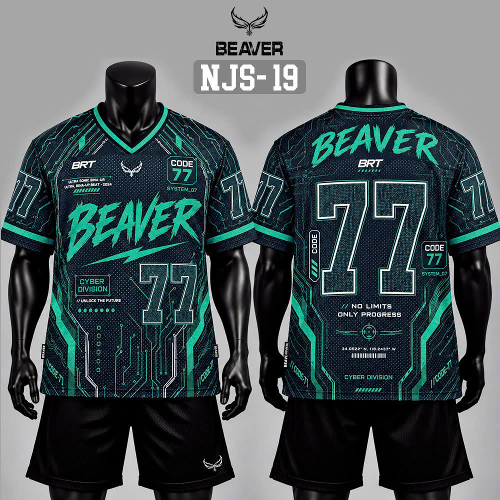 Áo Thun New Jersey BEAVERTEE NJS-19 Nam Nữ, Áo Thun Thể Thao Unisex, Họa Tiết Công Nghệ Cyber Số 77 Đen Xanh, Phong Cách Futuristic Streetwear Cá Tính, Jersey Thun Lưới Thoáng Khí, Form Oversize