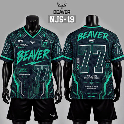 Áo Thun New Jersey BEAVERTEE NJS-19 Nam Nữ, Áo Thun Thể Thao Unisex, Họa Tiết Công Nghệ Cyber Số 77 Đen Xanh, Phong Cách Futuristic Streetwear Cá Tính, Jersey Thun Lưới Thoáng Khí, Form Oversize