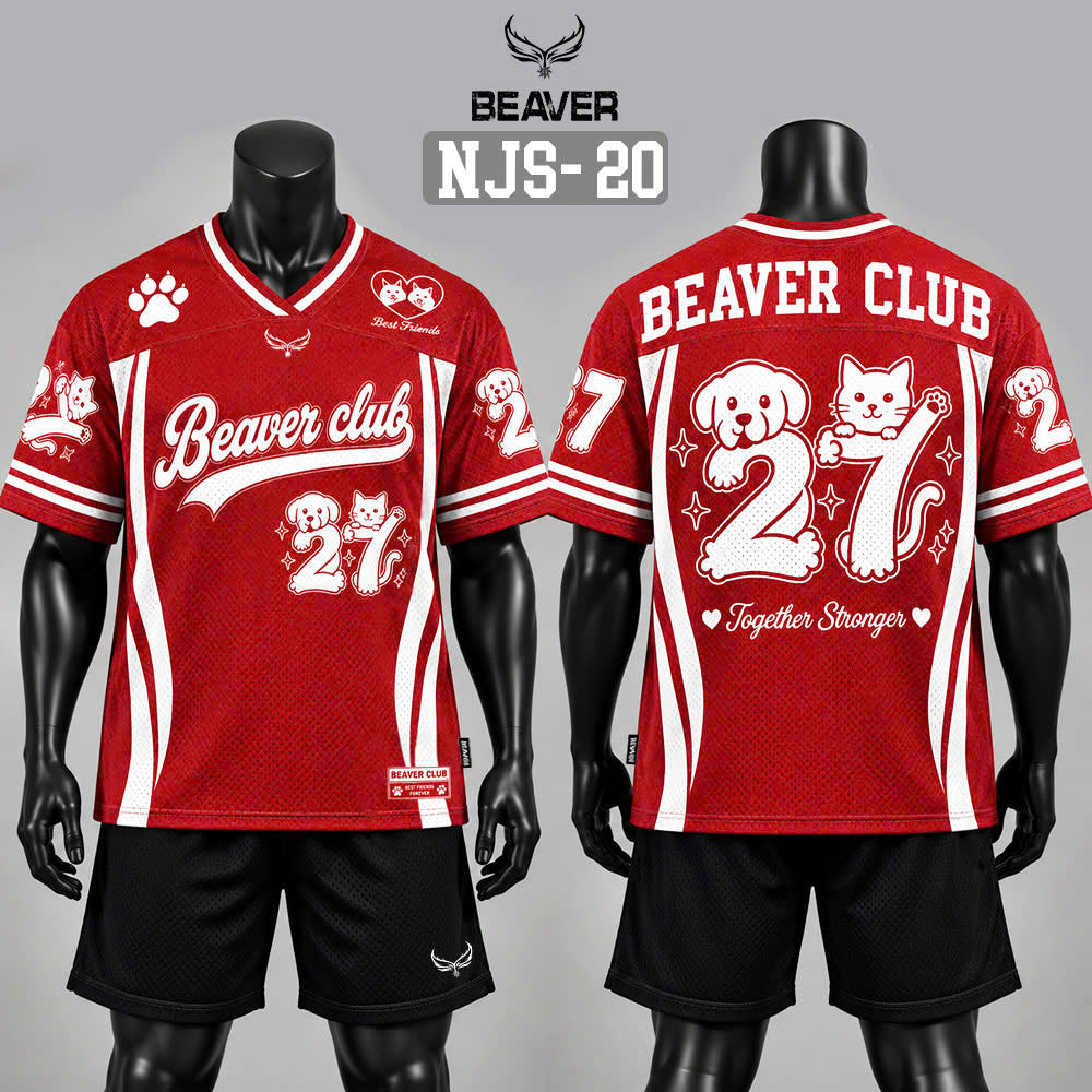 Áo Thun New Jersey BEAVERTEE NJS-20 Nam Nữ, Áo Thun Thể Thao Unisex, Họa Tiết Chó Mèo Số 27 Đỏ Trắng, Phong Cách Streetwear Dễ Thương, Jersey Thun Lưới Thoáng Khí, Form Oversize