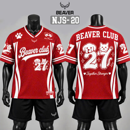 Áo Thun New Jersey BEAVERTEE NJS-20 Nam Nữ, Áo Thun Thể Thao Unisex, Họa Tiết Chó Mèo Số 27 Đỏ Trắng, Phong Cách Streetwear Dễ Thương, Jersey Thun Lưới Thoáng Khí, Form Oversize