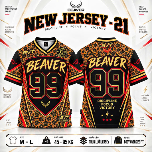 Áo Thun New Jersey BEAVERTEE NJS-21 Nam Nữ, Áo Thun Thể Thao Unisex, Họa Tiết Hoa Số 99 Đen Cam Đỏ, Phong Cách Streetwear Cá Tính, Jersey Thun Lưới Thoáng Khí, Form Oversize