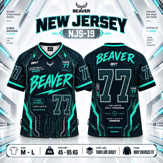 Áo Thun New Jersey BEAVERTEE NJS-19 Nam Nữ, Áo Thun Thể Thao Unisex, Họa Tiết Công Nghệ Cyber Số 77 Đen Xanh, Phong Cách Futuristic Streetwear Cá Tính, Jersey Thun Lưới Thoáng Khí, Form Oversize