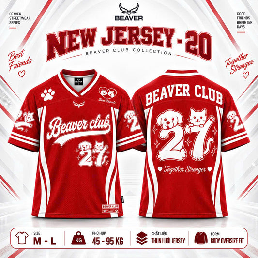 Áo Thun New Jersey BEAVERTEE NJS-20 Nam Nữ, Áo Thun Thể Thao Unisex, Họa Tiết Chó Mèo Số 27 Đỏ Trắng, Phong Cách Streetwear Dễ Thương, Jersey Thun Lưới Thoáng Khí, Form Oversize