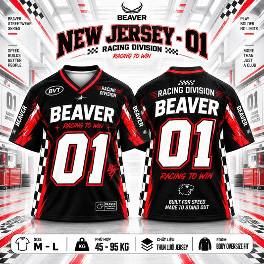 Áo Thun New Jersey BEAVERTEE NJS-01 Nam Nữ, Áo Thun Thể Thao Unisex, Họa Tiết Racing Số 01 Đen Đỏ Trắng, Phong Cách Streetwear, Chất Jersey Mềm Nhẹ Thoáng Mát, Form Oversize