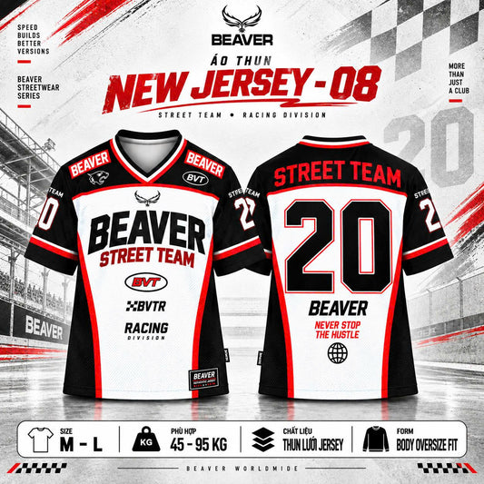 Áo Thun New Jersey BEAVERTEE NJS-08 Nam Nữ, Áo Thun Thể Thao Unisex, Họa Tiết Racing Street Team Số 20 Đen Trắng Đỏ, Phong Cách Streetwear Cá Tính, Jersey Thun Lưới Thoáng Khí, Form Oversize