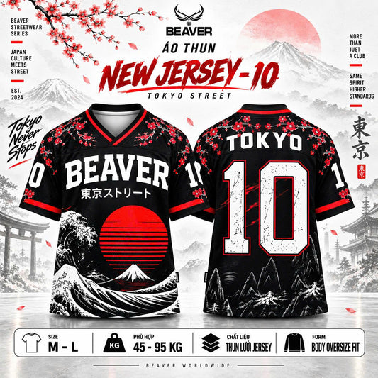 Áo Thun New Jersey BEAVERTEE NJS-10 Nam Nữ, Áo Thun Thể Thao Unisex, Họa Tiết Sóng Biển Nhật Bản Số 10 Đen Đỏ, Phong Cách Tokyo Streetwear, Jersey Thun Lưới Thoáng Khí, Form Oversize