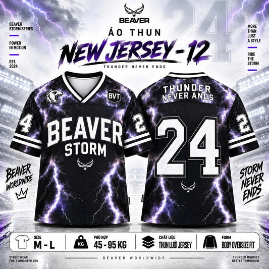 Áo Thun New Jersey BEAVERTEE NJS-12 Nam Nữ, Áo Thun Thể Thao Unisex, Họa Tiết Sấm Sét Số 24 Đen Trắng, Phong Cách Streetwear Mạnh Mẽ, Jersey Thun Lưới Thoáng Khí, Form Oversize