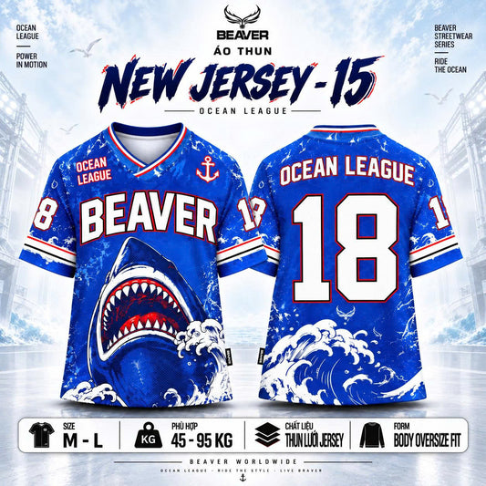 Áo Thun New Jersey BEAVERTEE NJS-15 Nam Nữ, Áo Thun Thể Thao Unisex, Họa Tiết Cá Mập Sóng Biển Số 18 Xanh Trắng, Phong Cách Ocean Streetwear Cá Tính, Jersey Thun Lưới Thoáng Khí, Form Oversize