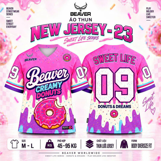 Áo Thun New Jersey BEAVERTEE NJS-23 Nam Nữ, Áo Thun Thể Thao Unisex, Họa Tiết Donut Số 09 Hồng Trắng, Phong Cách Streetwear Dễ Thương, Jersey Thun Lưới Thoáng Khí, Form Oversize