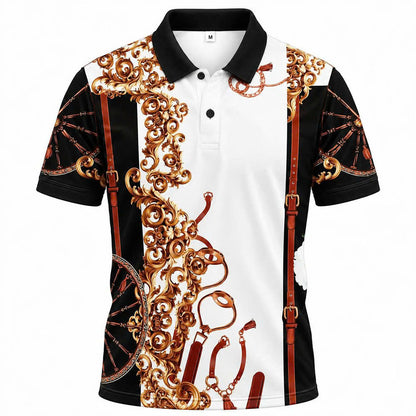 Áo Polo BEAVERTEE INT-69 Nam Nữ, Áo Polo Thể Thao Unisex Họa Tiết Hoa Văn Dây Xích Đen Trắng Nâu Vàng, Phong Cách Sang Trọng Cá Tính, Vải Poly Thái Co Giãn Thoáng Mát, Regular Fit