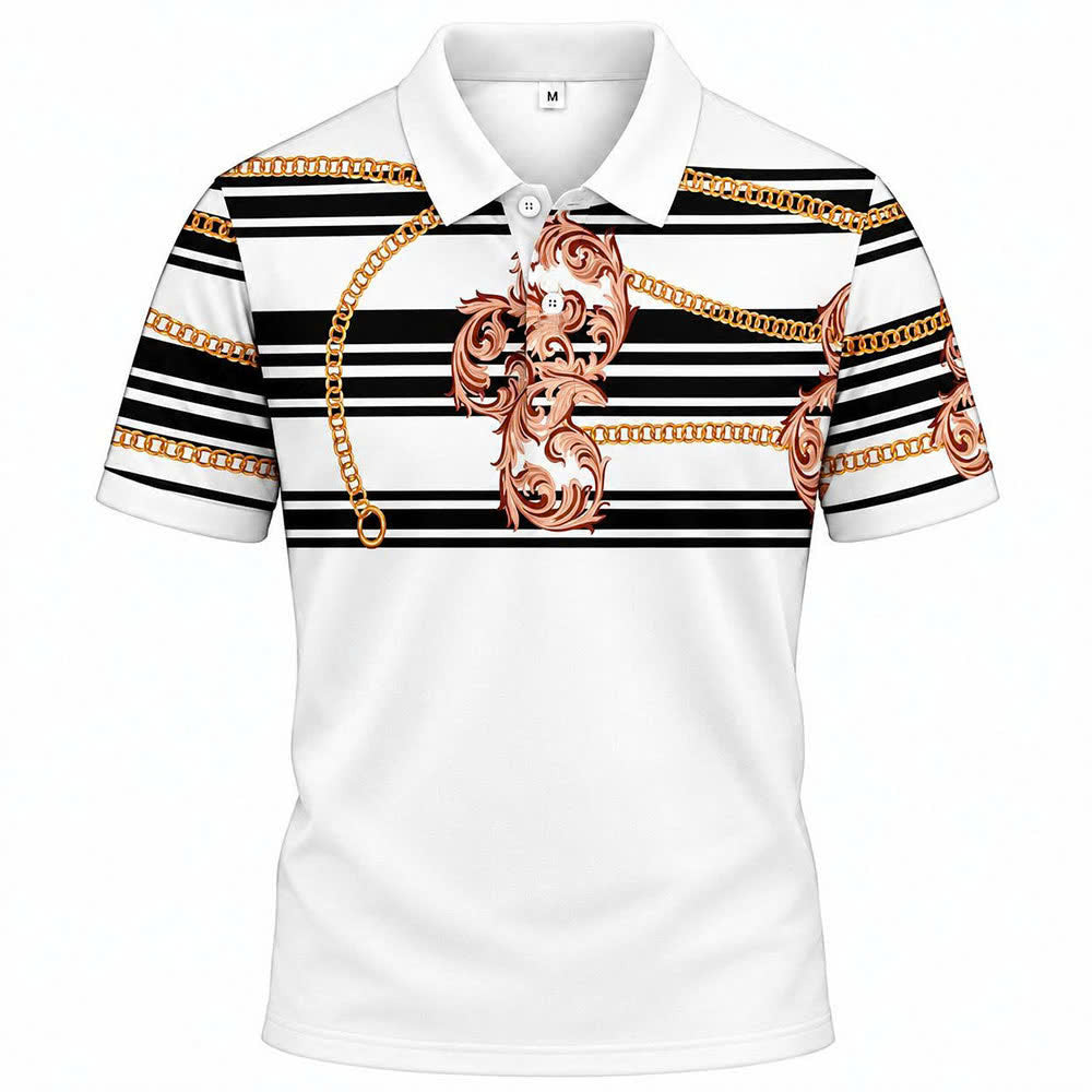 Áo Polo BEAVERTEE INT-90 Nam Nữ, Áo Polo Thể Thao Unisex Họa Tiết Dây Xích Hoa Văn Đen Cam Trắng, Vải Poly Thái Co Giãn Thoáng Mát, Regular Fit