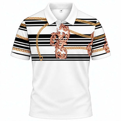 Áo Polo BEAVERTEE INT-90 Nam Nữ, Áo Polo Thể Thao Unisex Họa Tiết Dây Xích Hoa Văn Đen Cam Trắng, Vải Poly Thái Co Giãn Thoáng Mát, Regular Fit