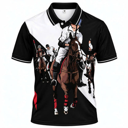 Áo Polo BEAVERTEE INT-81 Nam Nữ, Áo Polo Thể Thao Unisex Họa Tiết Đua Ngựa Polo Phối Trắng Đen Đỏ, Phong Cách Thể Thao Mạnh Mẽ Cá Tính, Vải Poly Thái Co Giãn Thoáng Mát, Regular Fit