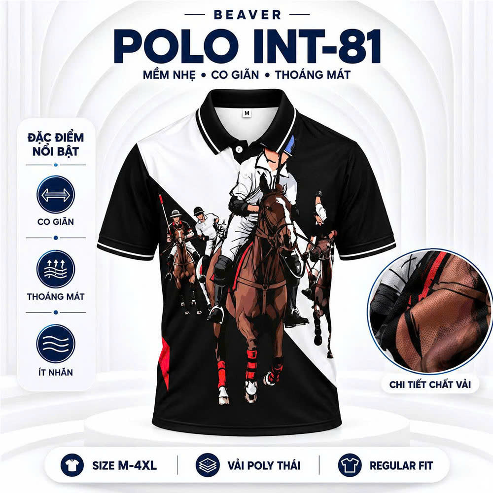 Áo Polo BEAVERTEE INT-81 Nam Nữ, Áo Polo Thể Thao Unisex Họa Tiết Đua Ngựa Polo Phối Trắng Đen Đỏ, Phong Cách Thể Thao Mạnh Mẽ Cá Tính, Vải Poly Thái Co Giãn Thoáng Mát, Regular Fit