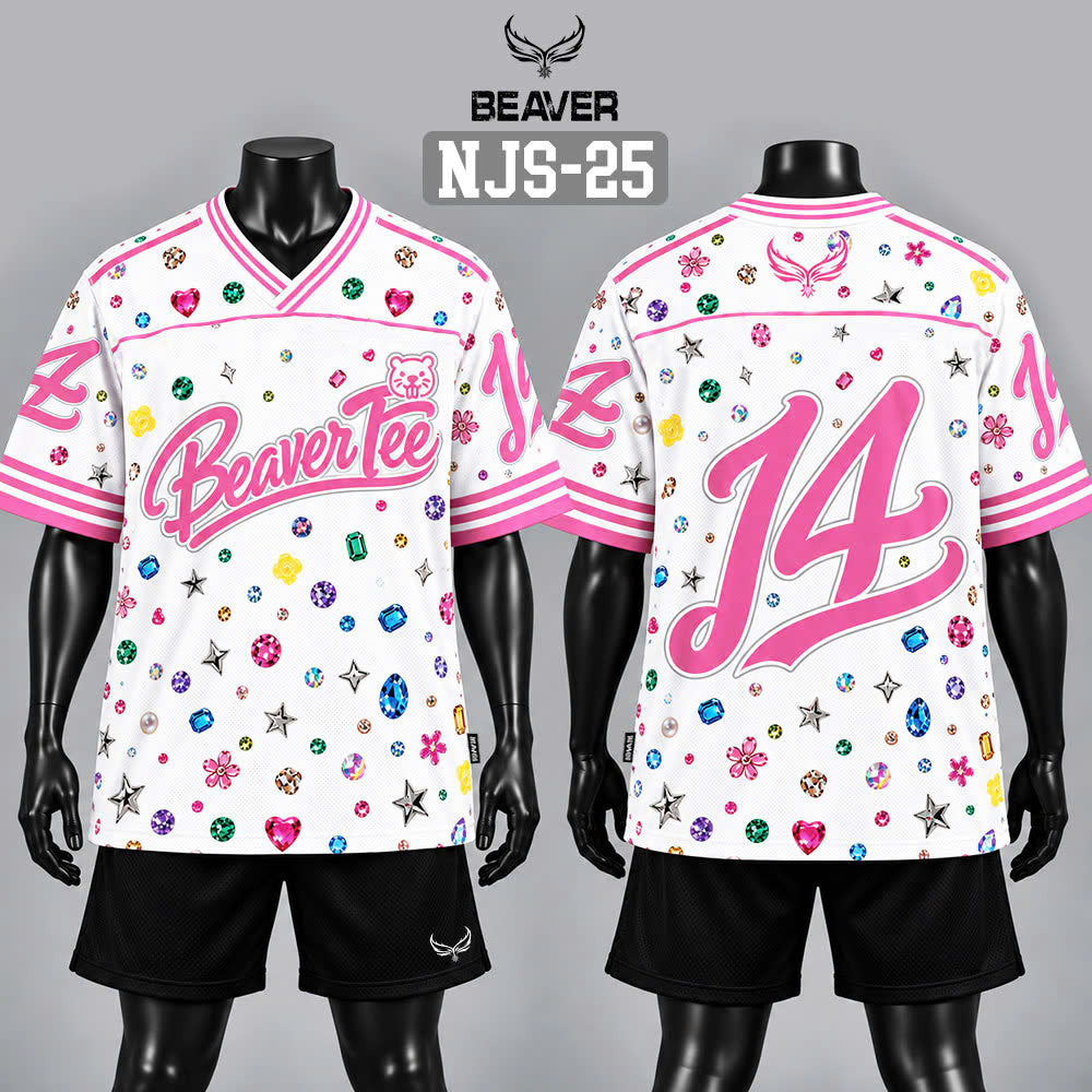 Áo Thun New Jersey BEAVERTEE NJS-25 Nam Nữ, Áo Jersey Thể Thao Unisex Họa Tiết Đá Quý Jewel Trắng Hồng, Phong Cách Streetwear Nổi Bật Dễ Thương, Jersey Thun Lưới Thoáng Khí, Form Boxy Oversize