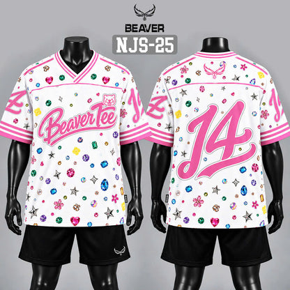 Áo Thun New Jersey BEAVERTEE NJS-25 Nam Nữ, Áo Jersey Thể Thao Unisex Họa Tiết Đá Quý Jewel Trắng Hồng, Phong Cách Streetwear Nổi Bật Dễ Thương, Jersey Thun Lưới Thoáng Khí, Form Boxy Oversize