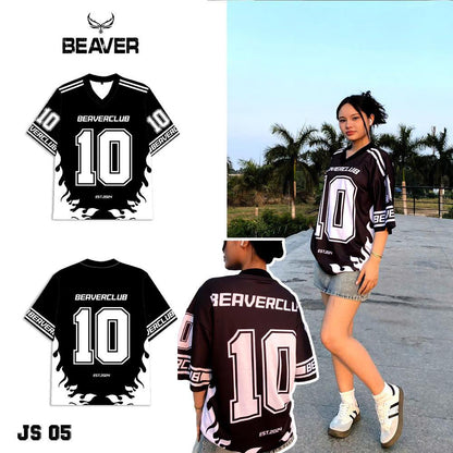 Áo Thun Jersey 05 BEAVERTEE Form Rộng Nam Nữ Cổ Tim, Thiết Kế Đen Trắng Số 10 Graphic Ngọn Lửa Phong Cách Thể Thao Top Sport Cá Tính, Mềm Nhẹ Thoáng Mát