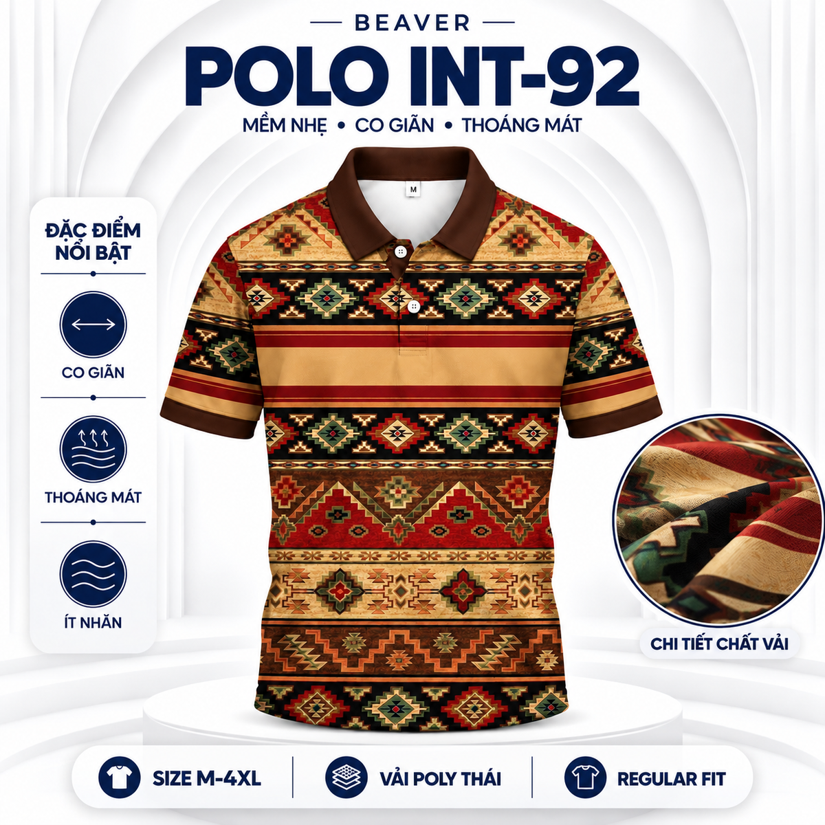 Áo Polo BEAVERTEE INT-92 Nam Nữ, Áo Polo Thể Thao Unisex Họa Tiết Thổ Cẩm Vintage Phối Nâu Đỏ Beige Xanh, Phong Cách Boho Cá Tính, Vải Poly Thái Co Giãn Thoáng Mát, Regular Fit