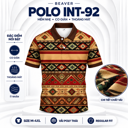 Áo Polo BEAVERTEE INT-92 Nam Nữ, Áo Polo Thể Thao Unisex Họa Tiết Thổ Cẩm Vintage Phối Nâu Đỏ Beige Xanh, Phong Cách Boho Cá Tính, Vải Poly Thái Co Giãn Thoáng Mát, Regular Fit