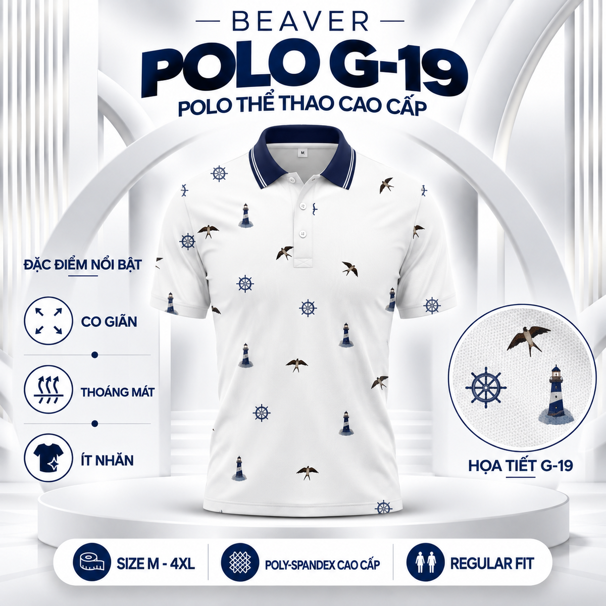 [ HÀNG XUẤT KHẨU ] - Áo Polo Thể Thao BEAVERTEE G-19 Nam Nữ, Họa Tiết Hải Đăng Bánh Lái Chim Biển, Vải Poly-Spandex Co Giãn Mềm Nhẹ, Thoáng Mát, Regular Fit, Size M–4XL